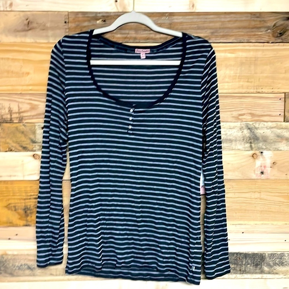 Juicy Couture size XL gray stripe Henley gem button long sleeve top